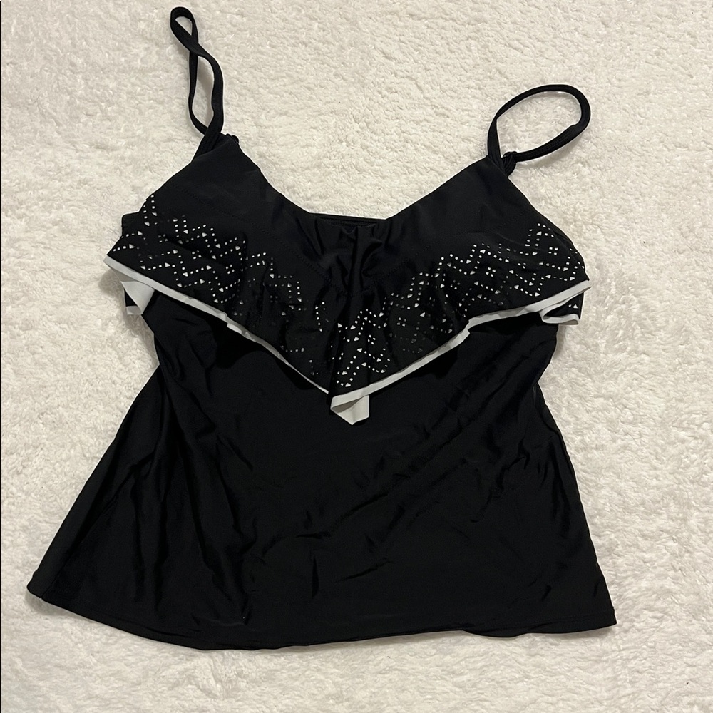 Croft & Barrow Black Tankini Swim Suit Top‎ cut out ruffle trim v neck size 12